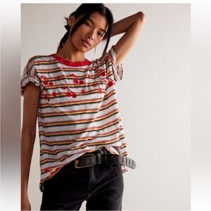 We The Free Red Trim Striped Cherry Tee